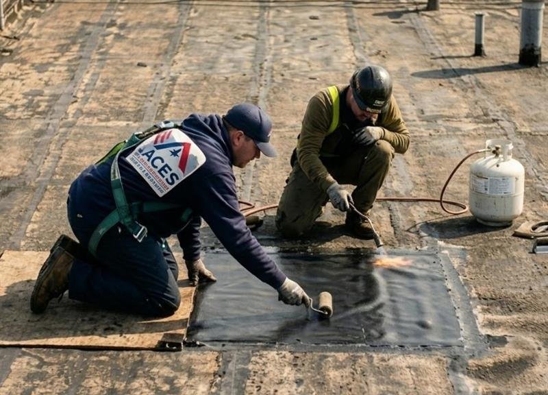 Aces Roofing crew performing modified bitumen membrane patch repair on a flat roof